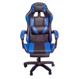 Καρέκλα γραφείου εργασίας τύπου gaming με ψηλή πλάτη που διαθέτει μαξιλάρι μέσης και κεφαλιού, σε μπλε χρώμα με μαύρο από ύφασμα PU τεχνόδερμα, με υποπόδιο και με σταθερά μπράτσα.