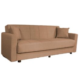 Καναπές που γίνεται κρεβάτι δύο θέσεων, υφασμάτινος σε μπεζ χρώμα, μαζί με δυο ίδιου χρώματος διακοσμητικά μαξιλάρια.