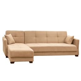 Γωνιακός καναπές που γίνεται κρεβάτι, βελούδινος σε μπεζ χρώμα, μαζί με δυο ίδιου χρώματος διακοσμητικά μαξιλάρια με αποθηκευτικό χώρο.
