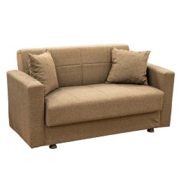 Καναπές που γίνεται κρεβάτι δύο θέσεων, υφασμάτινος σε καφέ χρώμα, μαζί με δυο ίδιου χρώματος διακοσμητικά μαξιλάρια.