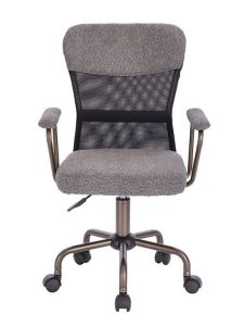 Καρέκλα γραφείου με μπράτσα σε γκρι απόχρωση, με ροδάκια και συνδυασμό διάτρητο πανί με ύφασμα μπουκλέ 