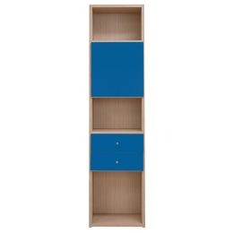 Βιβλιοθήκη παιδική με 1 ντουλάπι και 2 συρτάρια με μελαμίνη 25mm με διαστάσεις 48x35x195cm σε μπλε χρώμα με δρυς. Με την ποιότητα κατασκευής Spitimas!