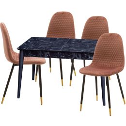 Τραπεζαρία κουζίνας σετ των 5 τεμαχίων Lolita, το σετ αποτελείτε από ένα τραπέζι διάστασης 130x80x75cm σε μαύρο μάρμαρο χρώμα με τέσσερις καρέκλες διάστασης 45x56x87cm σε σάπιο μήλο χρώμα.