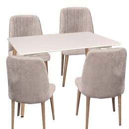 Τραπεζαρία κουζίνας σετ των 5 τεμαχίων Lyda, το σετ αποτελείτε από ένα τραπέζι διάστασης 120x80x75cm σε λευκό χρώμα με τέσσερις καρέκλες διάστασης 50x49x90cm σε μπεζ χρώμα.