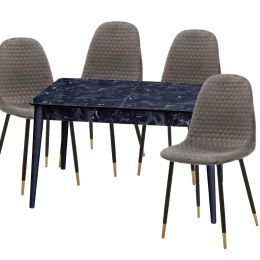 Τραπεζαρία κουζίνας σετ των 5 τεμαχίων Lolita, το σετ αποτελείτε από ένα τραπέζι διάστασης 130x80x75cm σε μαύρο μάρμαρο χρώμα με τέσσερις καρέκλες διάστασης 45x56x87cm σε γκρι χρώμα.