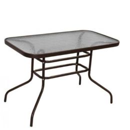 Τραπέζι ορθογώνιο εξωτερικού χώρου από μέταλλο και γυαλί ασφαλείας με διάσταση 110x65x70cm σε καφέ χρώμα.
