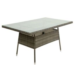 Τραπέζι ορθογώνιο εξωτερικού χώρου από μέταλλο με γυαλί στην επιφάνεια και rattan wicker με διάσταση 120x80x77cm σε γκρι χρώμα.