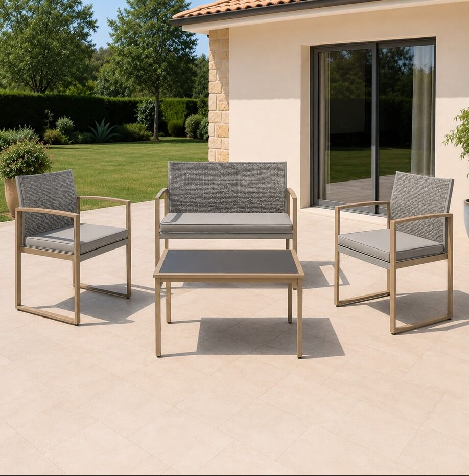 Σετ σαλόνι κήπου 4 τεμ. Polyrattan και μαξιλάρια Γκρι Μπεζ