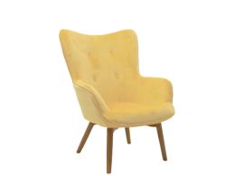 Πολυθρόνα σαλονιού Daria κατασκευασμένη από ξύλινο σκελετό και επενδεδυμένη με βελούδο υψηλής ποιότητας σε κίτρινο χρώμα, με ξύλινα μοντέρνα πόδια στο χρώμα του ξύλου, με διαστάσεις 70x80x97cm.